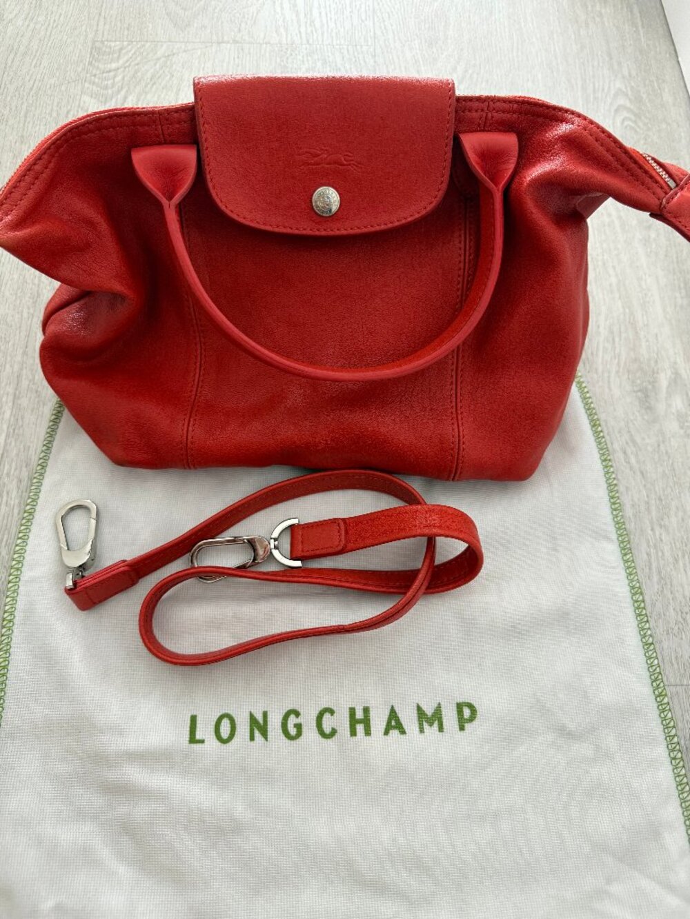 Longchamp Le Pliage Leather Cuir Small Paprika Red Orange Bag Crossbody Strap